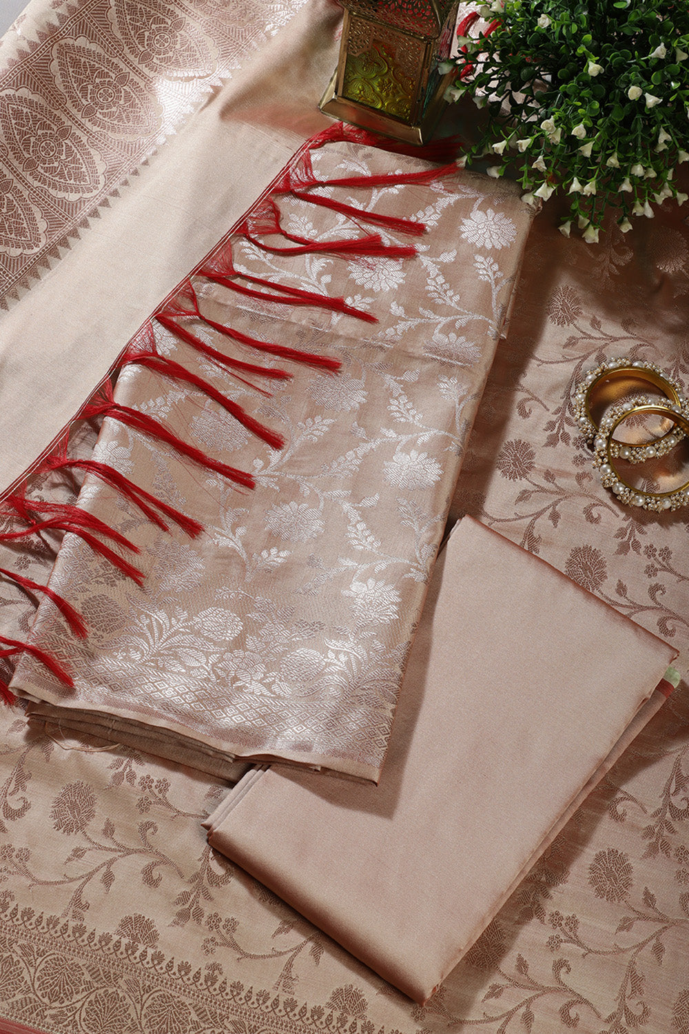 Beige Zari Floral Woven Unstitched Suit Fabric