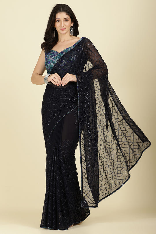 Navy Georgette Sequins Embroidered Saree With Stone Work Readymade Blouse