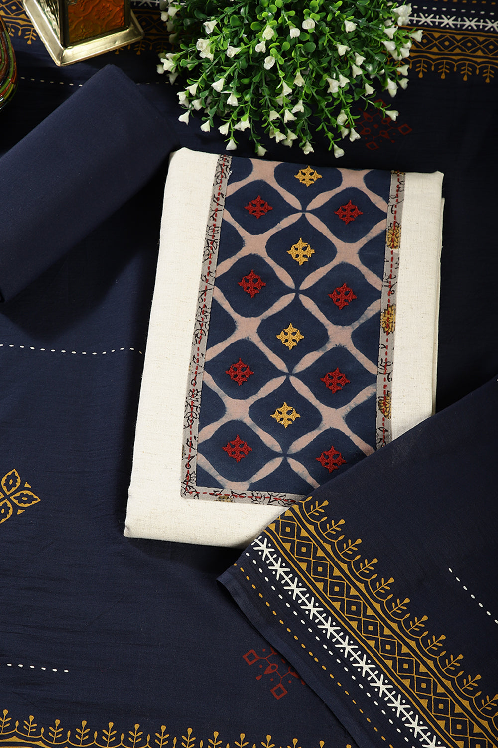 Cream & Indigo Color Khadi Cotton Unstitched Suit Material