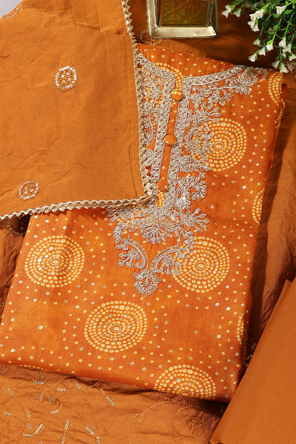 Mustard Cotton Bandhani Printed & Neck Embroidered Unstitched Suit