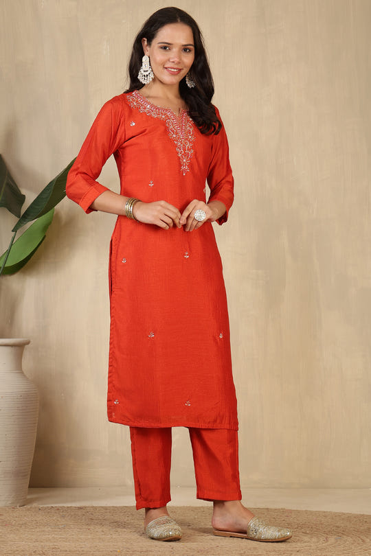 Rust Crepe Silk Neck Embroidered Suit