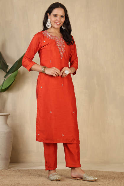 Rust Crepe Silk Neck Embroidered Suit