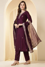 Dark Scarlet Silk Embroidered Suit Set