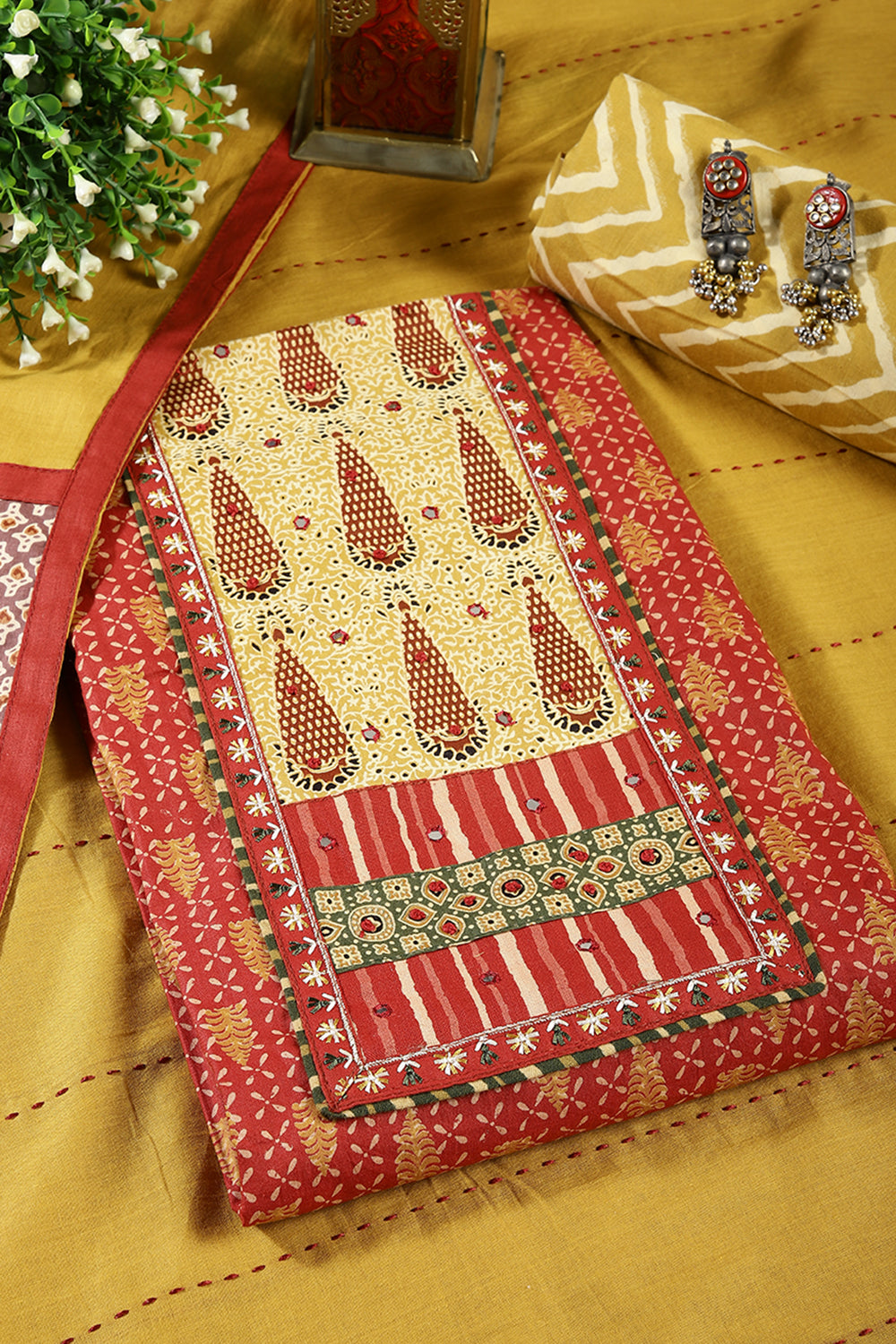 Maroon & Mustard Color Twill Cotton Printed Unstitched Suit Material