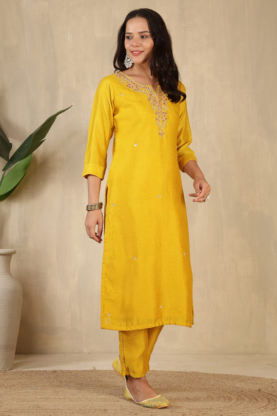 Mustard Crepe Silk Neck Embroidered Suit