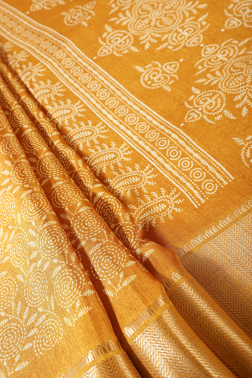 Mustard Colour Printed & Woven Cotton Silk Saree