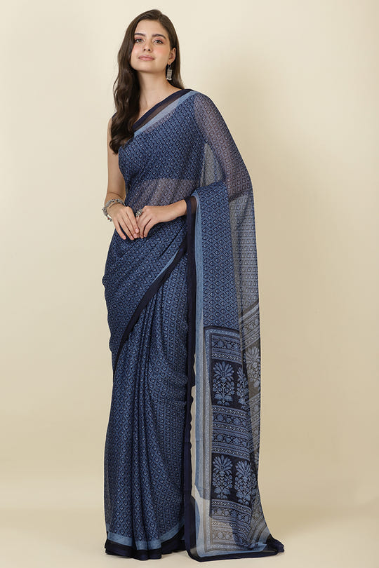 Navy Georgette Printed Saree