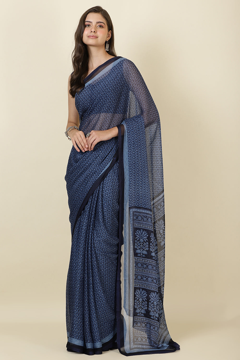 Navy Georgette Printed Saree