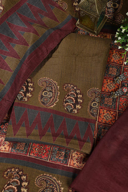Olive Green Spun Printed Unstitched Suit