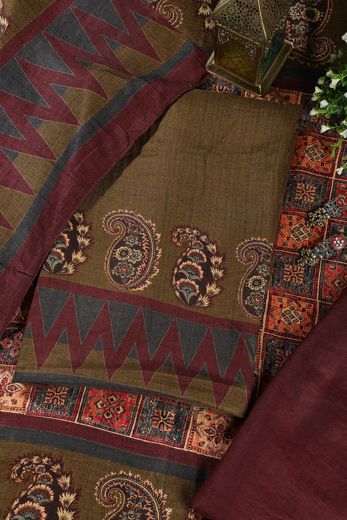 Olive Green Spun Printed Unstitched Suit