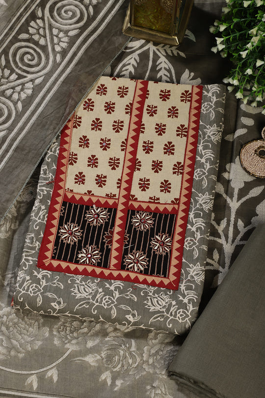 Greyish Green Mirror Work And Printed Cotton Unstitched Suit Material