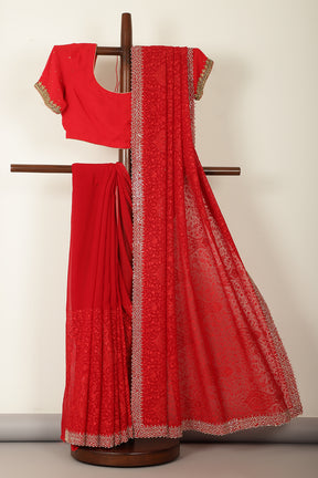 Red Georgette Resham Floral Jal Woven And Swarovski Work Saree