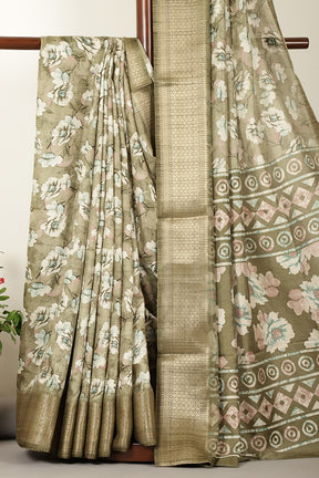 Sage Green Floral Printed Cotton Silk Saree