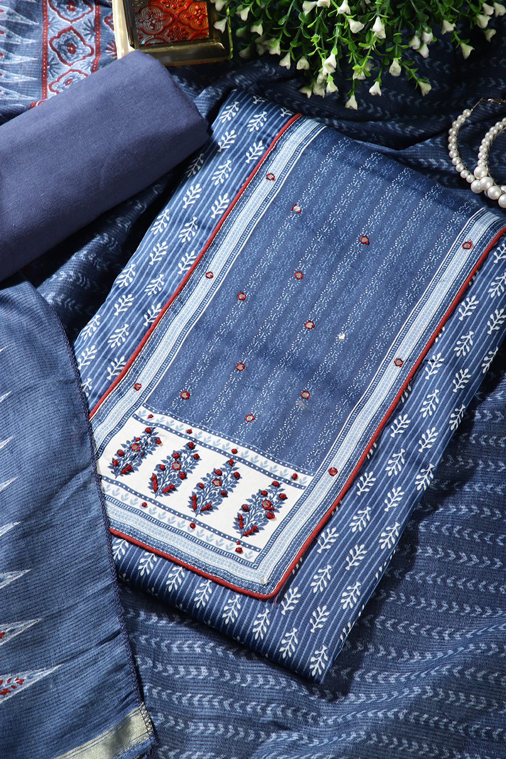Persian Indigo Color Printed Twill Cotton Unstitched Suit Material