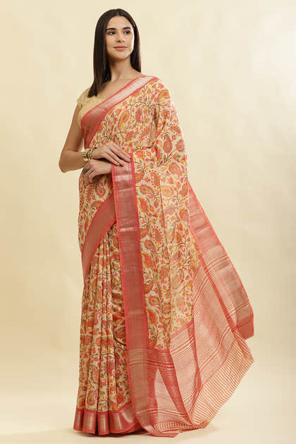 Pink & Beige Cotton Silk Floral Boota Printed Saree