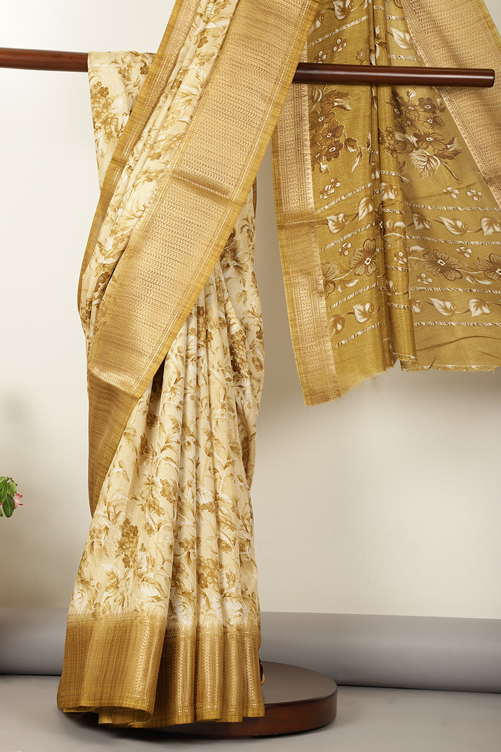 Olive Green Floral Printed Cotton Silk Saree