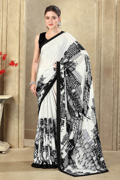White Printed Crepe Silk Saree