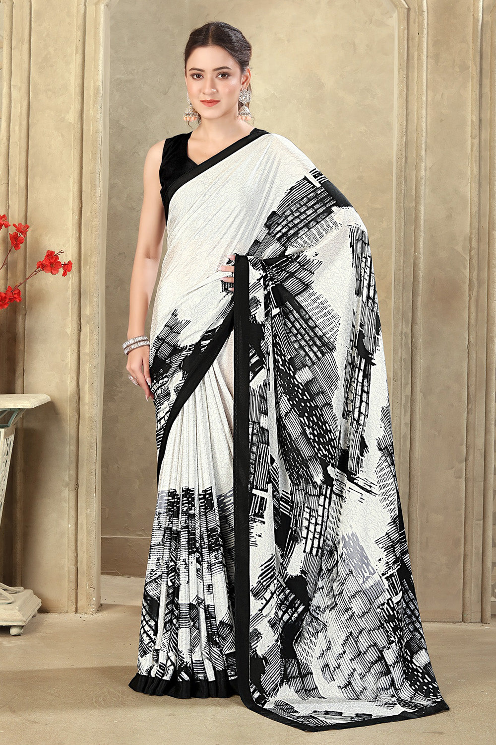 White Printed Crepe Silk Saree