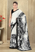 White Printed Crepe Silk Saree