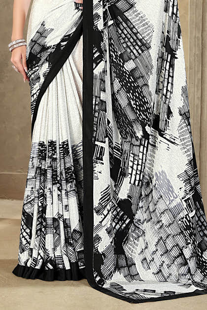 White Printed Crepe Silk Saree