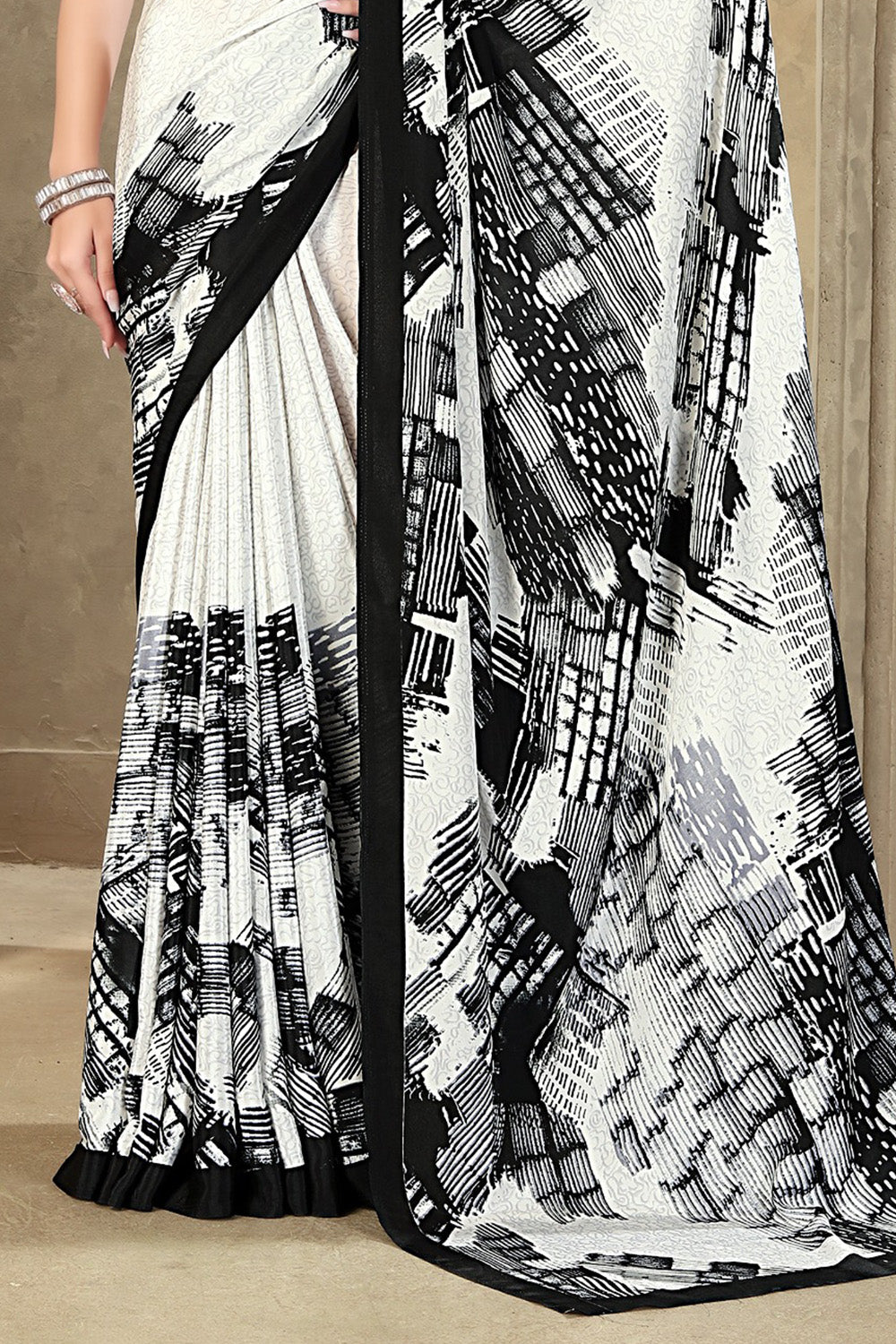 White Printed Crepe Silk Saree