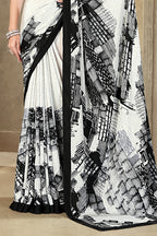 White Printed Crepe Silk Saree