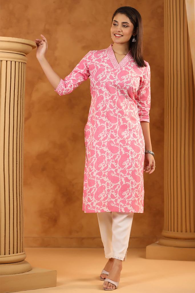 Pink & Cream Color Printed Kurti