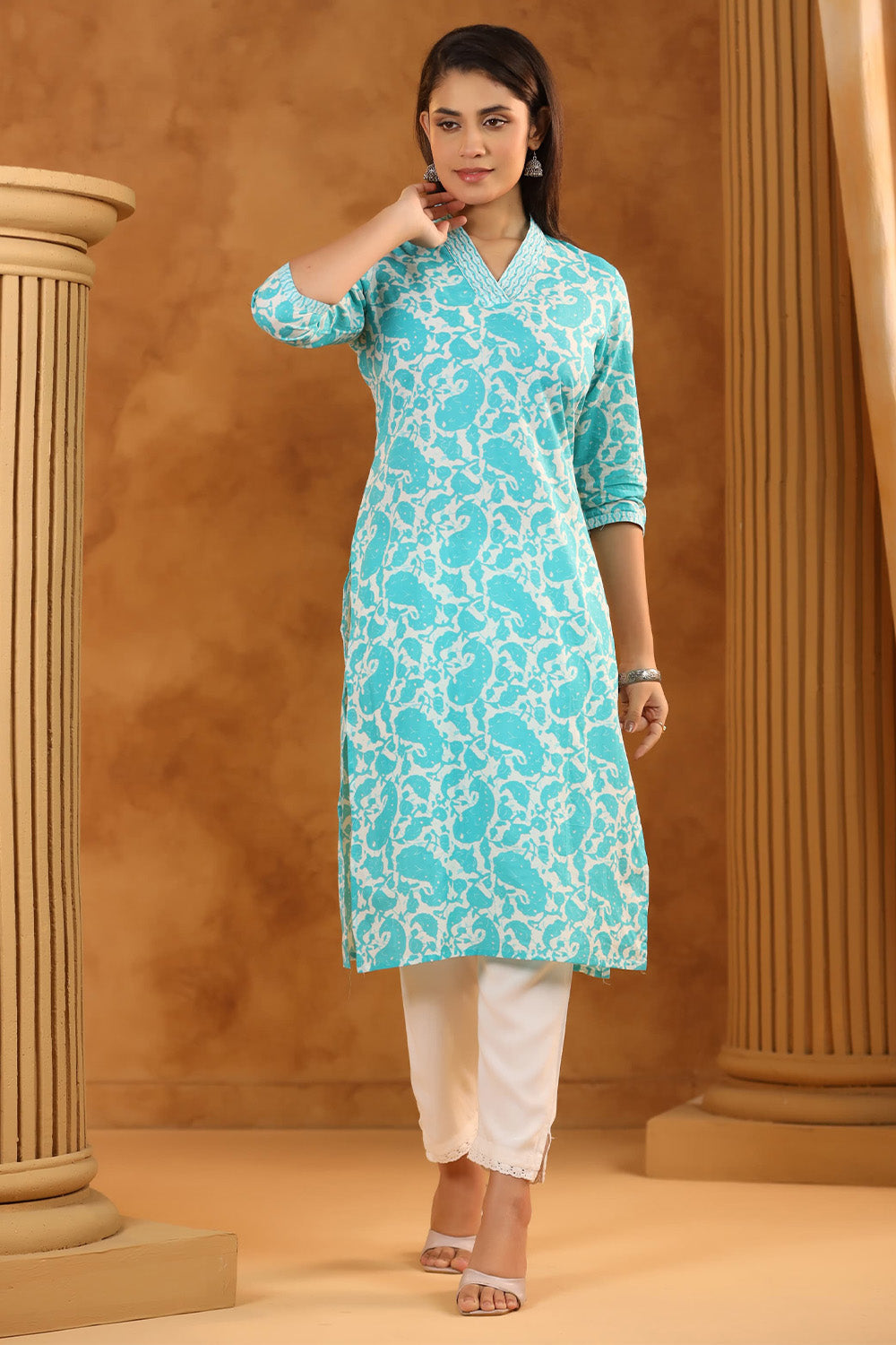 Turquoise & Cream Color Printed Kurti