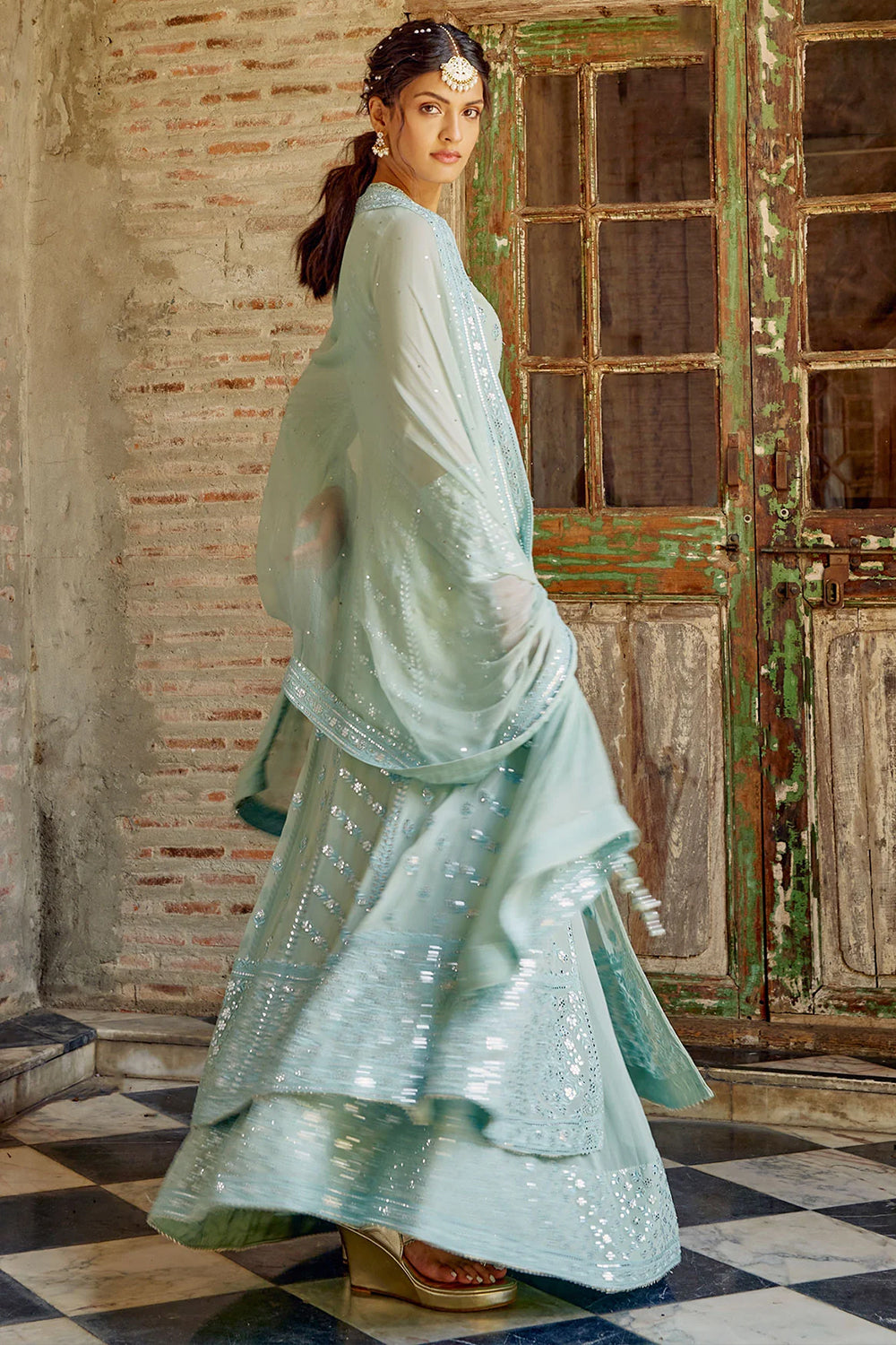 Mint Green Color Georgette Embroidered Suit with Skirt