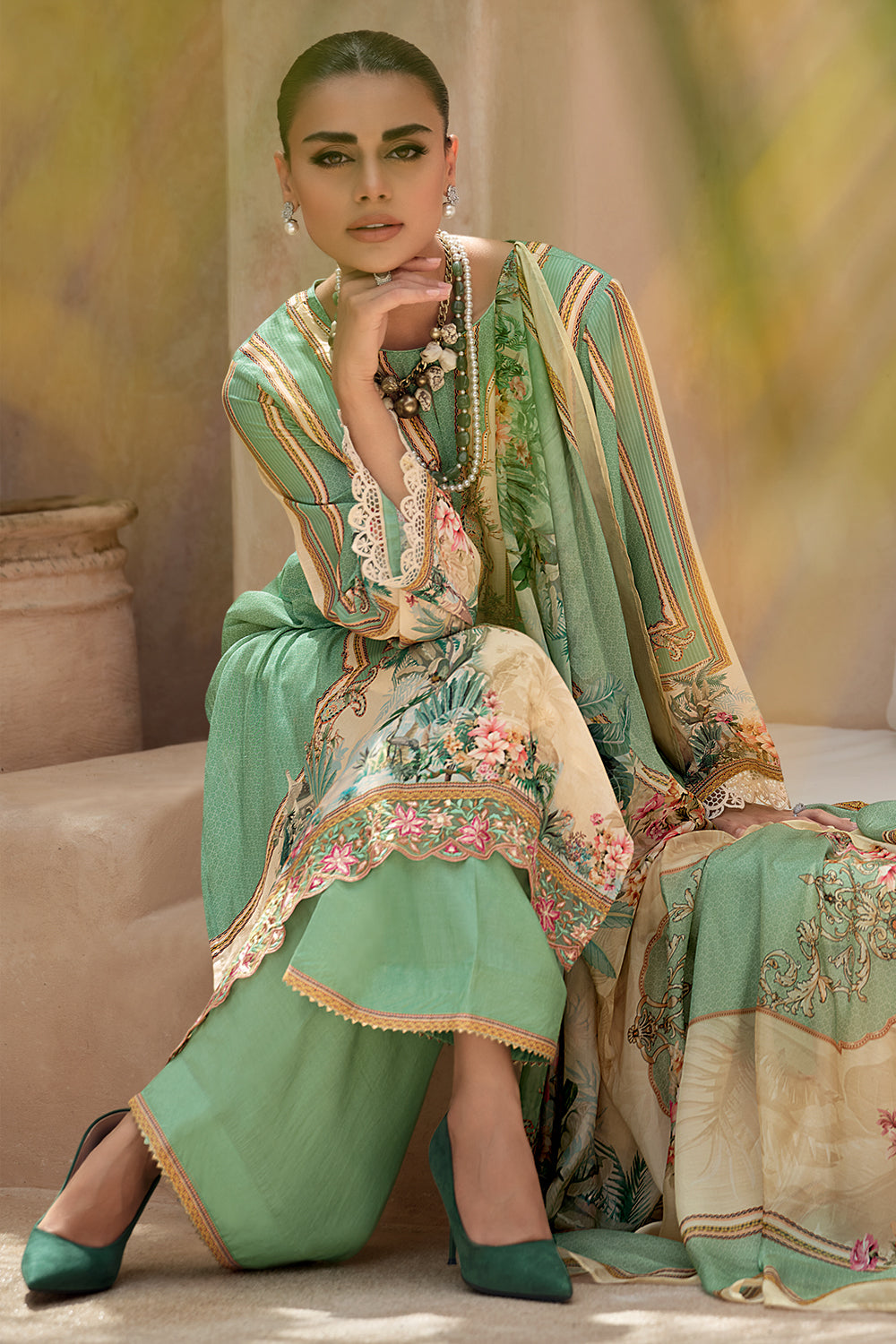 Sea Green Color Muslin Printed Unstitched Suit Material