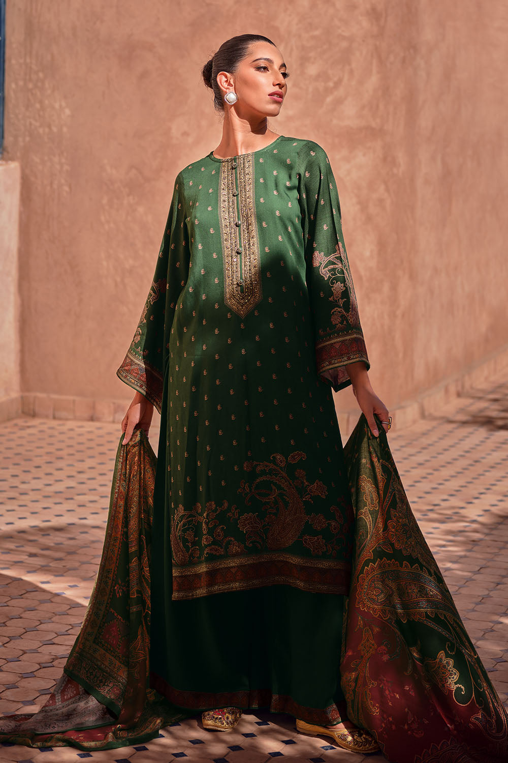 Green Color Pashmina Printed Unstitched Suit Material