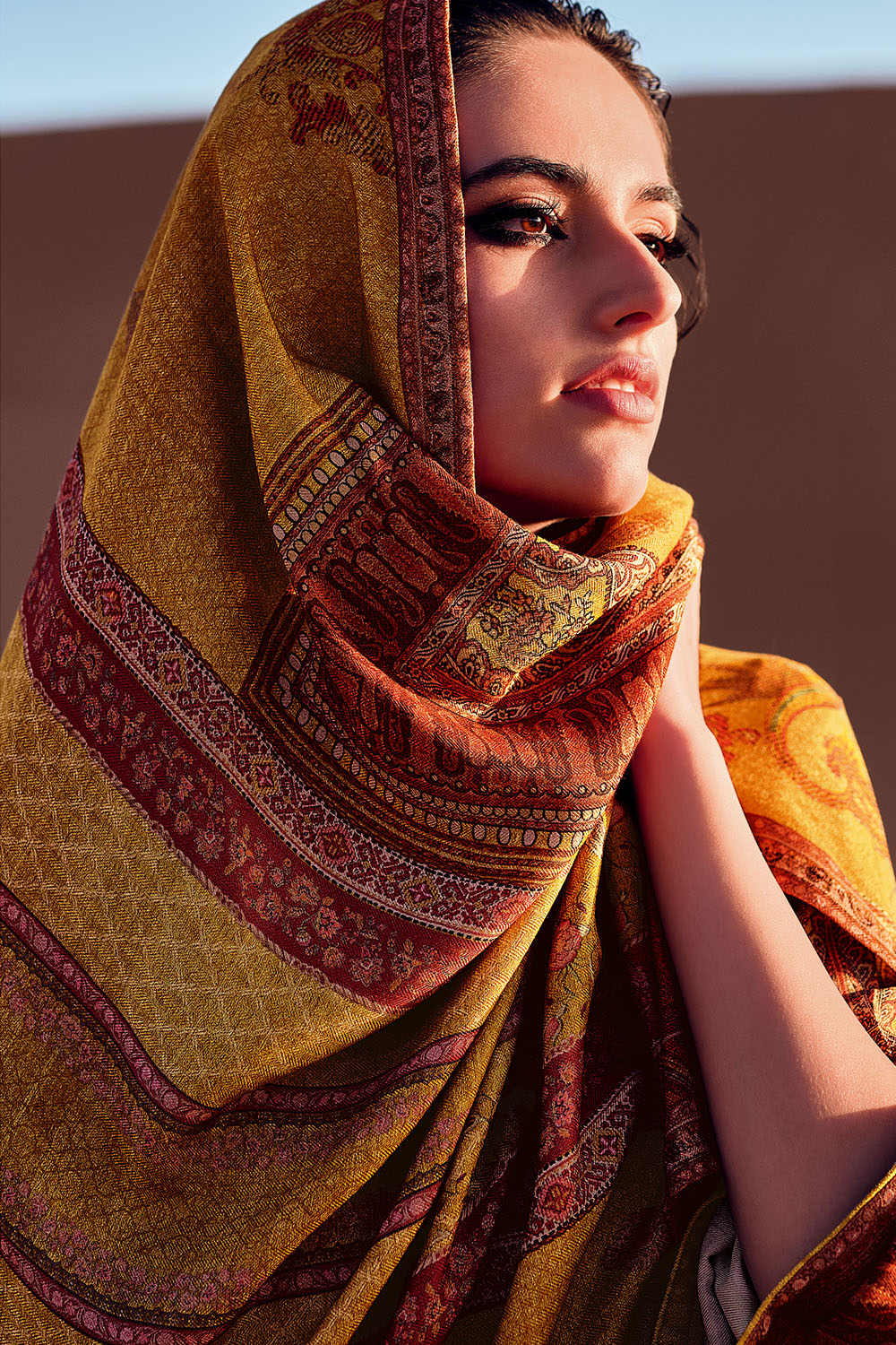 Mustard Color Printed Pashmina Unstitched Suit Fabric
