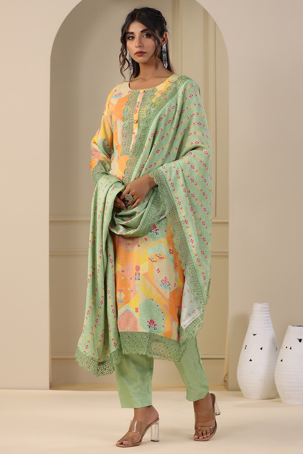 Green Colour Muslin Printed Suit