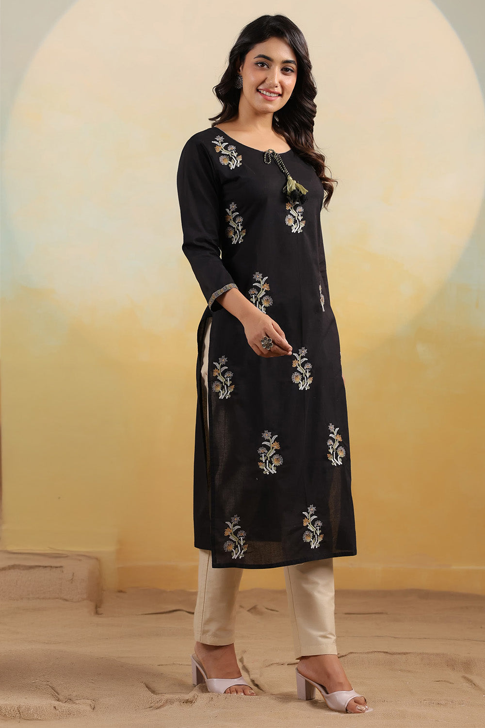 Black Color Floral Embroidered Kurti