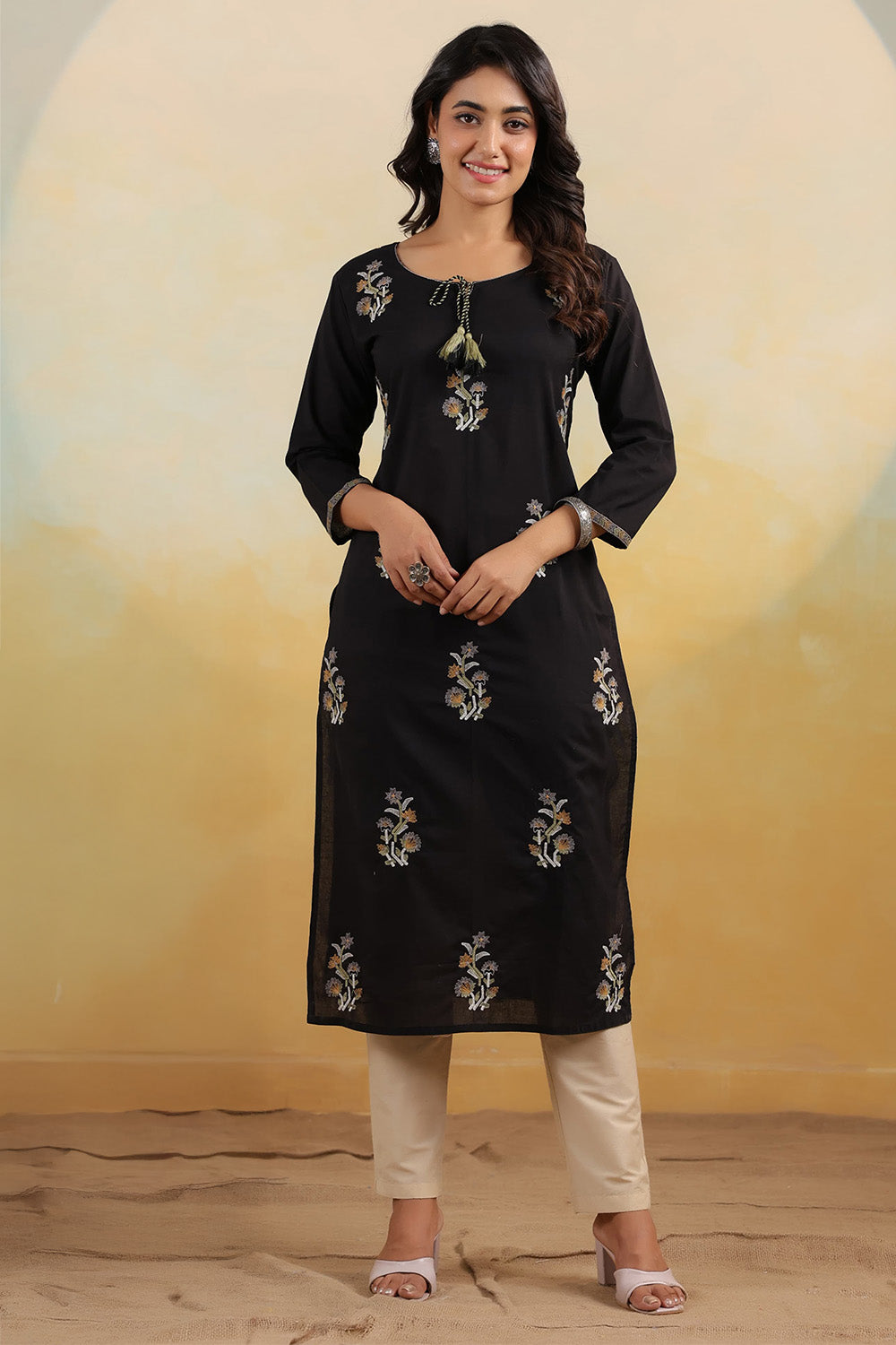 Black Color Floral Embroidered Kurti