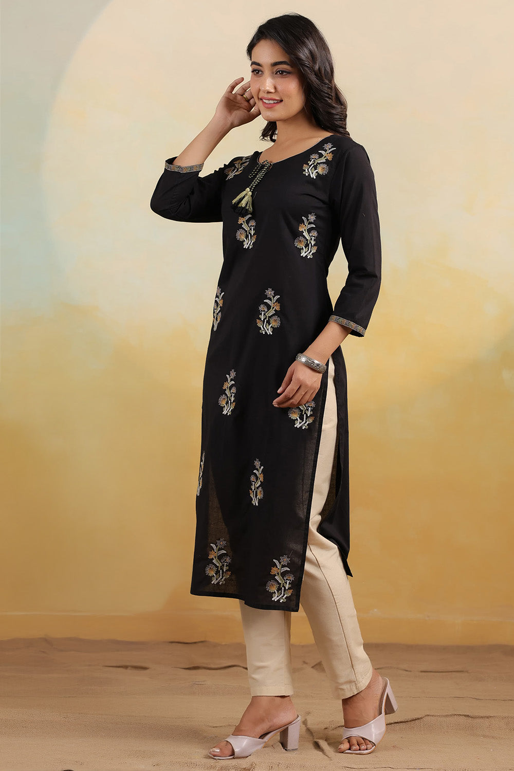 Black Color Floral Embroidered Kurti
