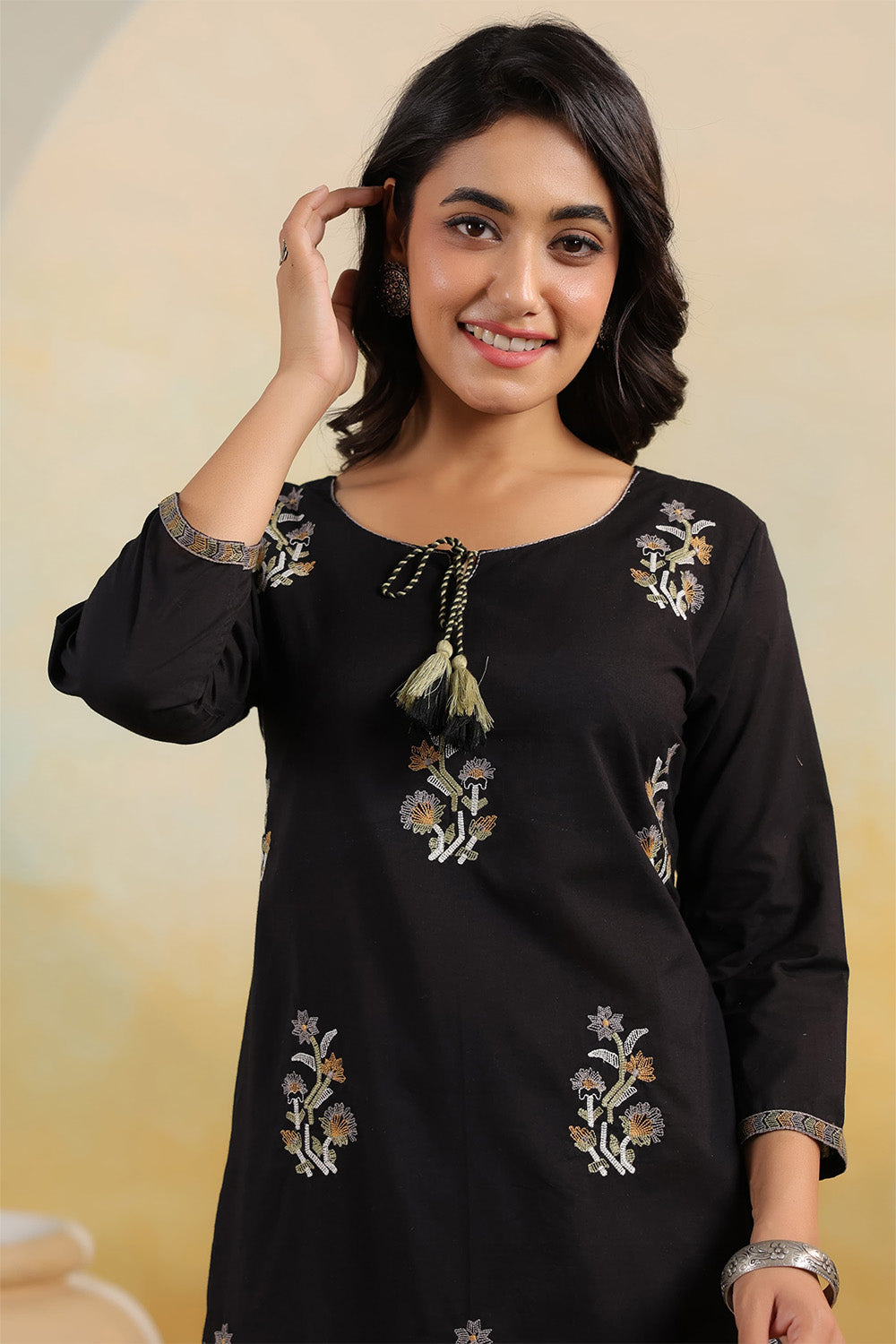 Black Color Floral Embroidered Kurti