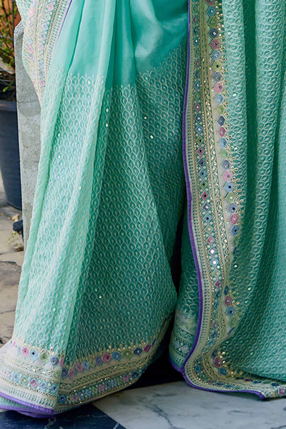Turquoise Color Sequins Embroidered Georgette Saree
