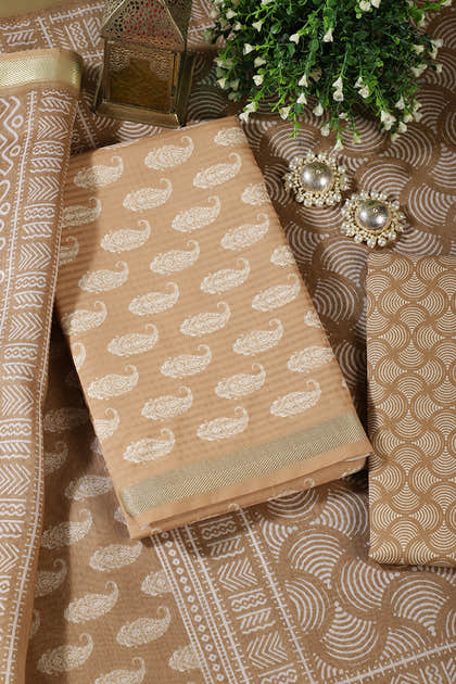 Fawn  Cotton Boota Block Print Unstitched Suit Fabric