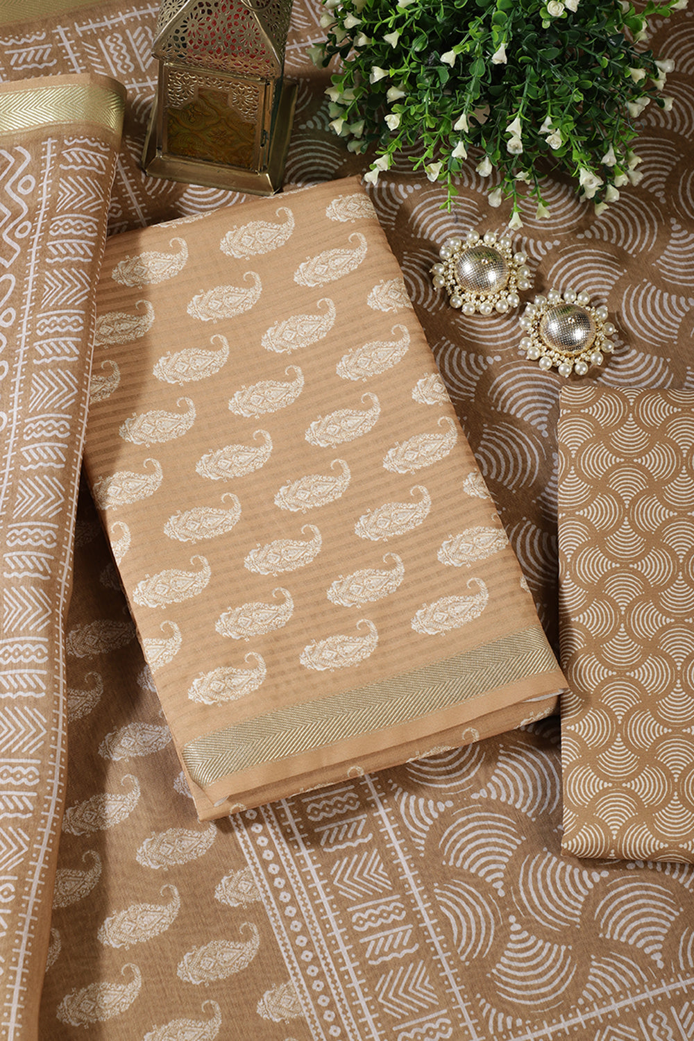 Fawn  Cotton Boota Block Print Unstitched Suit Fabric