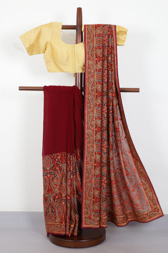 Wine Georggette Resham Embroidered And Swaroski Work Saree