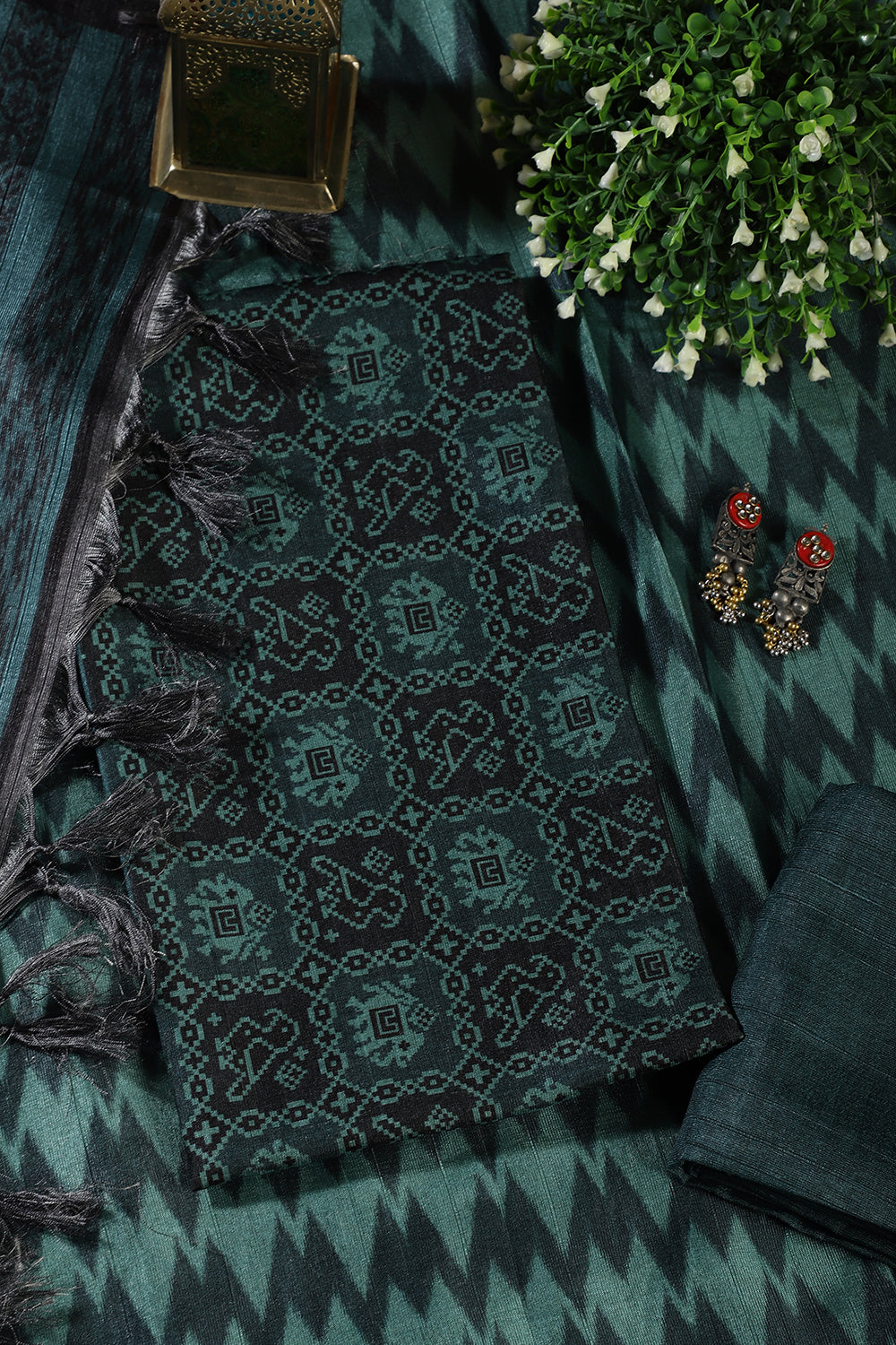 Mint Green & Black Chanderi Cotton Digital Printed Unstiched Suit Material