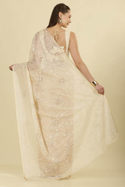 Cream Floral Resham Embroidered Cotton Saree