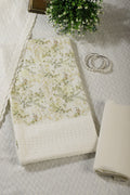 Cream & Green Cotton Chikankari Work Floral Printed Unstitched Suit