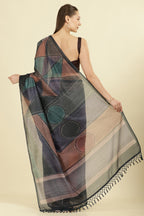 Teal Organza Cotton Printed Saree