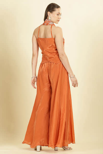 Orange Crepe Silk Emboridered Crop-Top With Palazzo Indo-Western Co-ord Set
