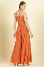 Orange Crepe Silk Emboridered Crop-Top With Palazzo Indo-Western Co-ord Set