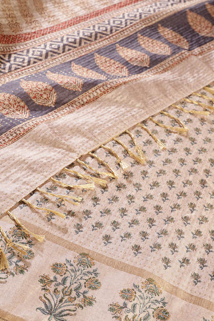 Olive Green Tussar Silk Zari Woven & Printed Saree