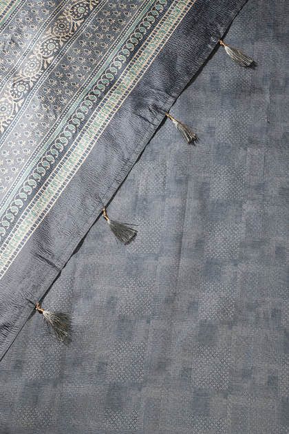 Bluish Grey Floral Printed Tussar Silk Saree