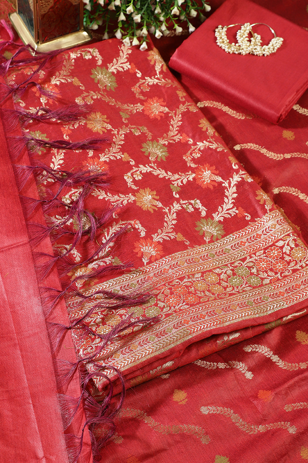 Red Chanderi Silk Resham And Zari Woven Unstitched Suit Material